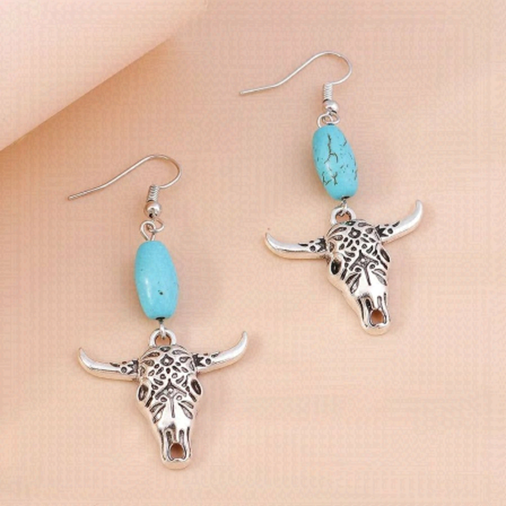 Western Style Turquoise and Silver Bull Skull Boho Style Drop Earrings